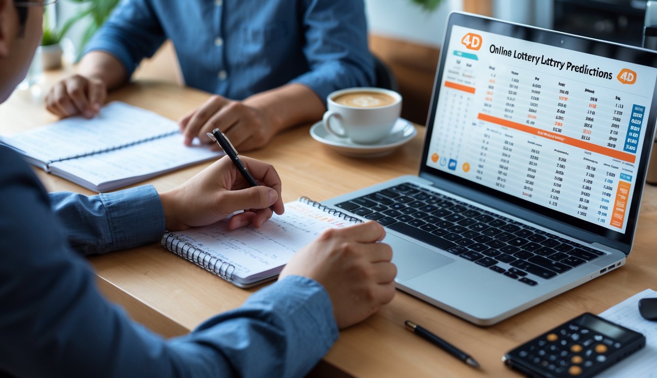Seorang pria sedang menganalisis data di meja kerja dengan laptop dan kalkulator, fokus pada strategi prediksi angka togel 4D online.