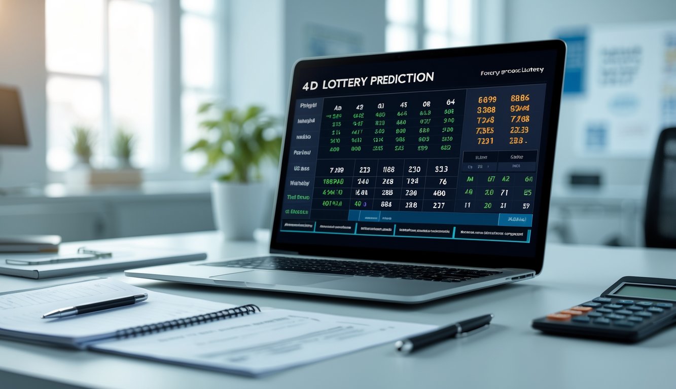 Suasana ruang kerja modern dengan laptop menampilkan data angka dan grafik, alat tulis, dan kalkulator di meja, menggambarkan analisis strategi togel 4D online.
