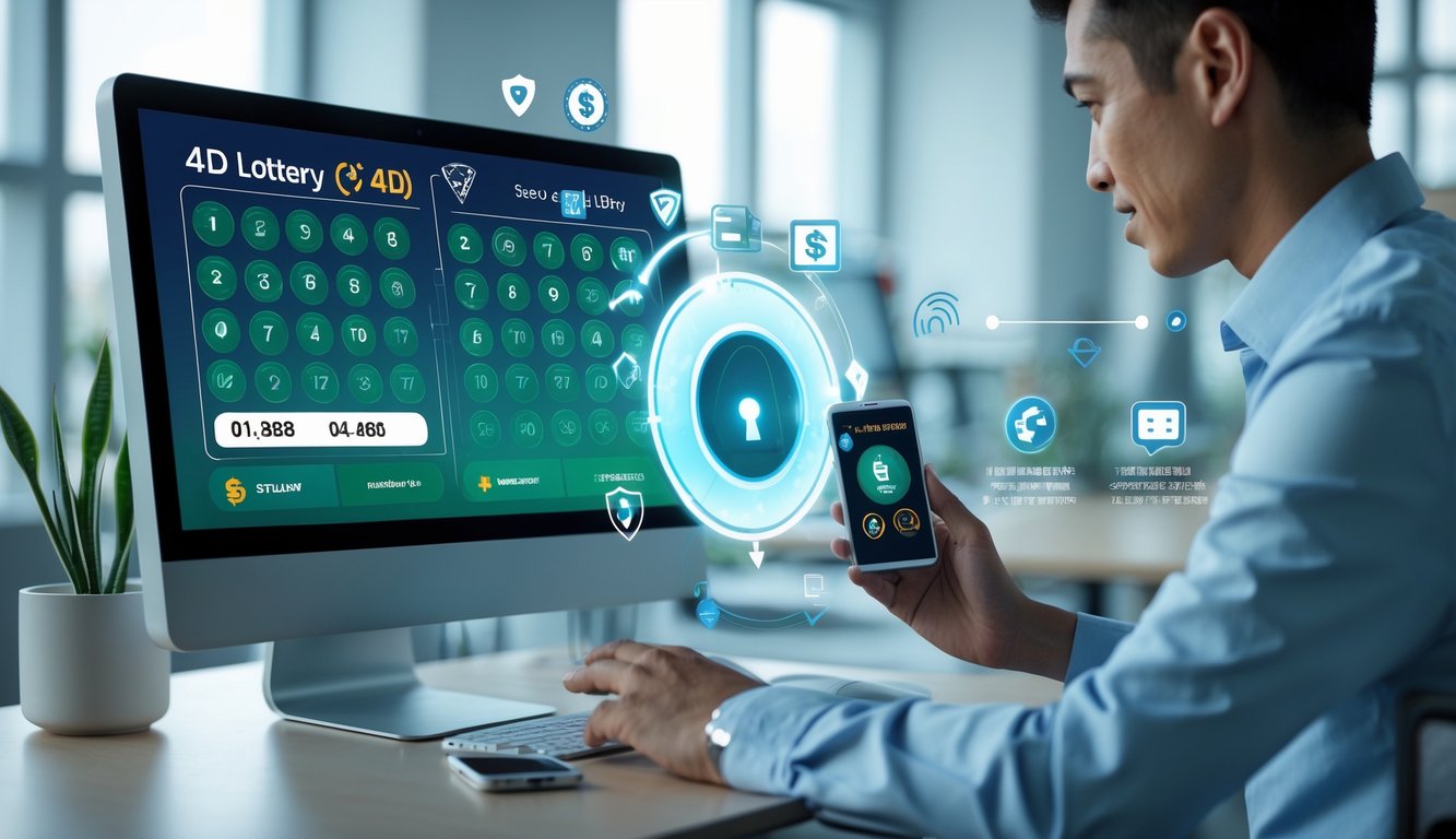 Seorang profesional menggunakan komputer dengan layar menampilkan angka togel dan simbol keamanan serta pembayaran cepat dalam lingkungan kerja modern.