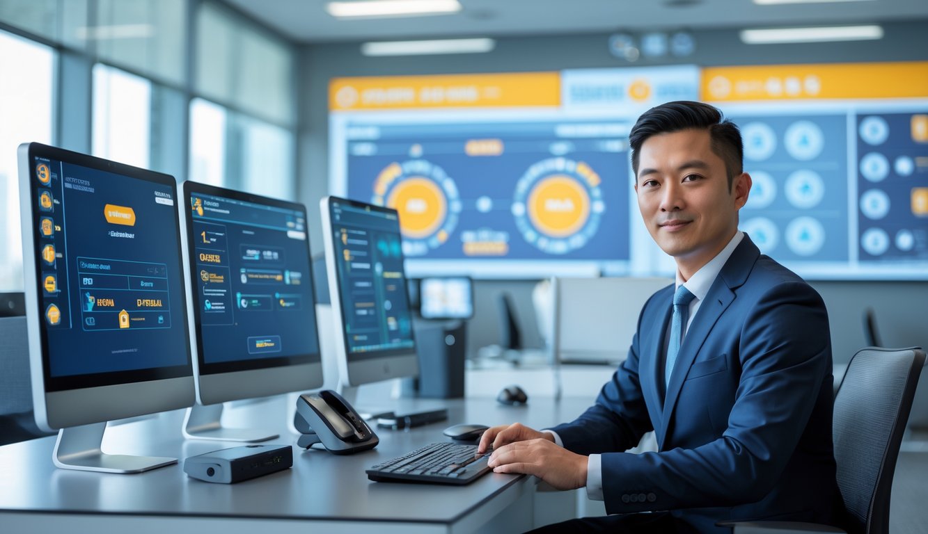 Seorang agen togel pria duduk di meja kantor modern dengan beberapa monitor komputer menampilkan sistem keamanan dan proses pembayaran cepat.