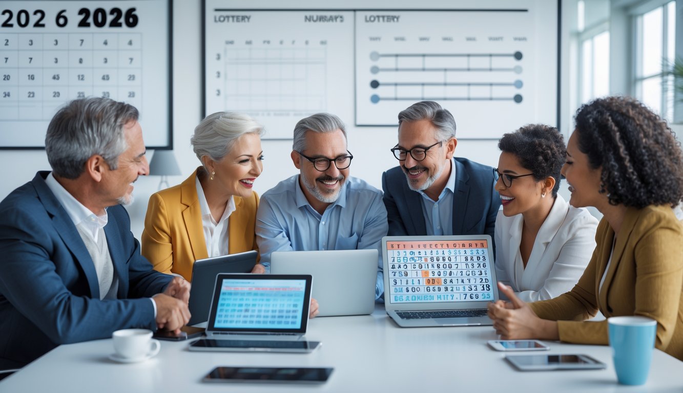 Sekelompok orang berdiskusi serius di meja modern dengan perangkat digital, fokus pada analisis angka lotere di ruang kantor yang terang.