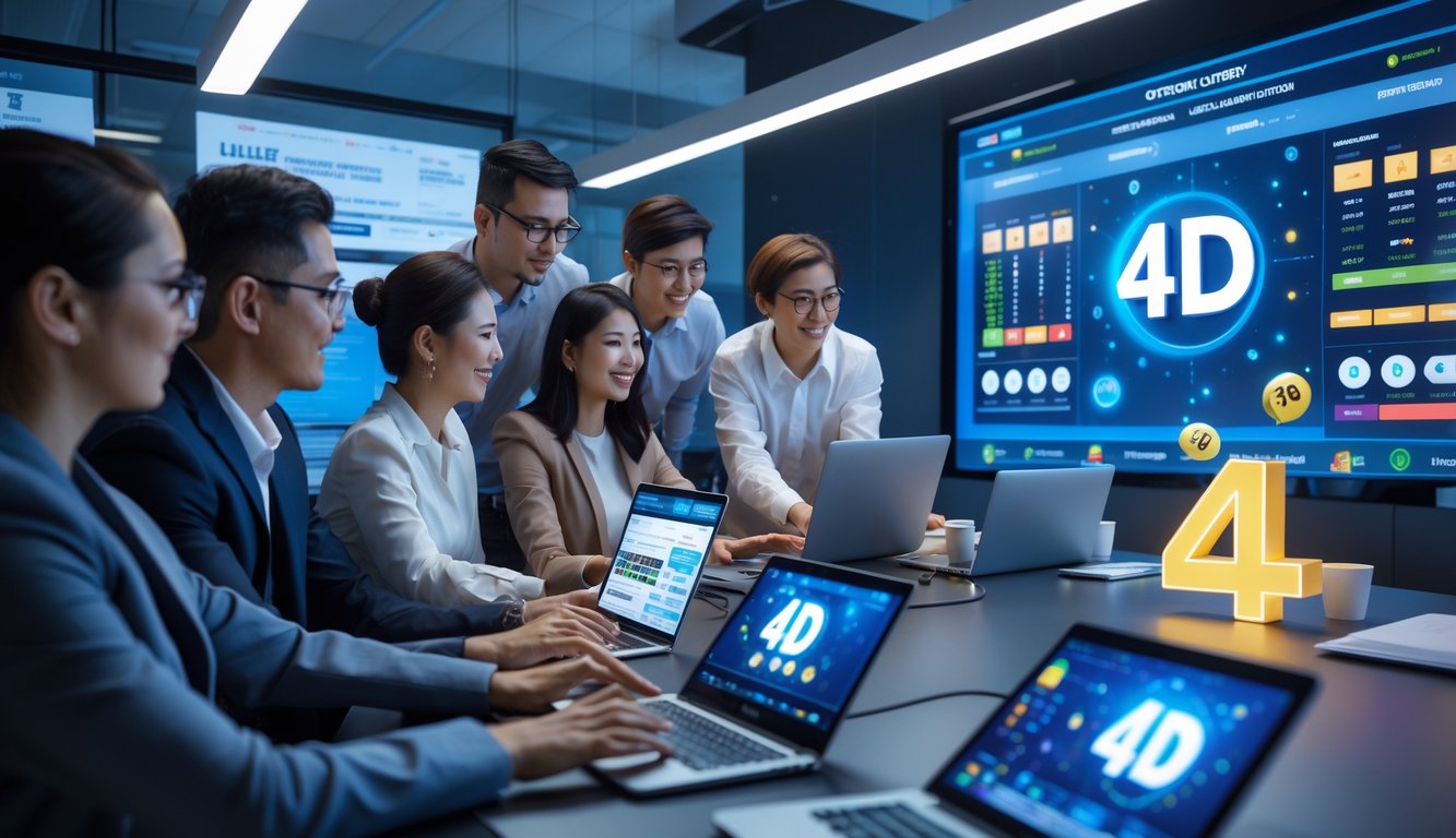 Sekelompok orang dengan latar kantor modern sedang menggunakan perangkat digital untuk bermain togel 4D.