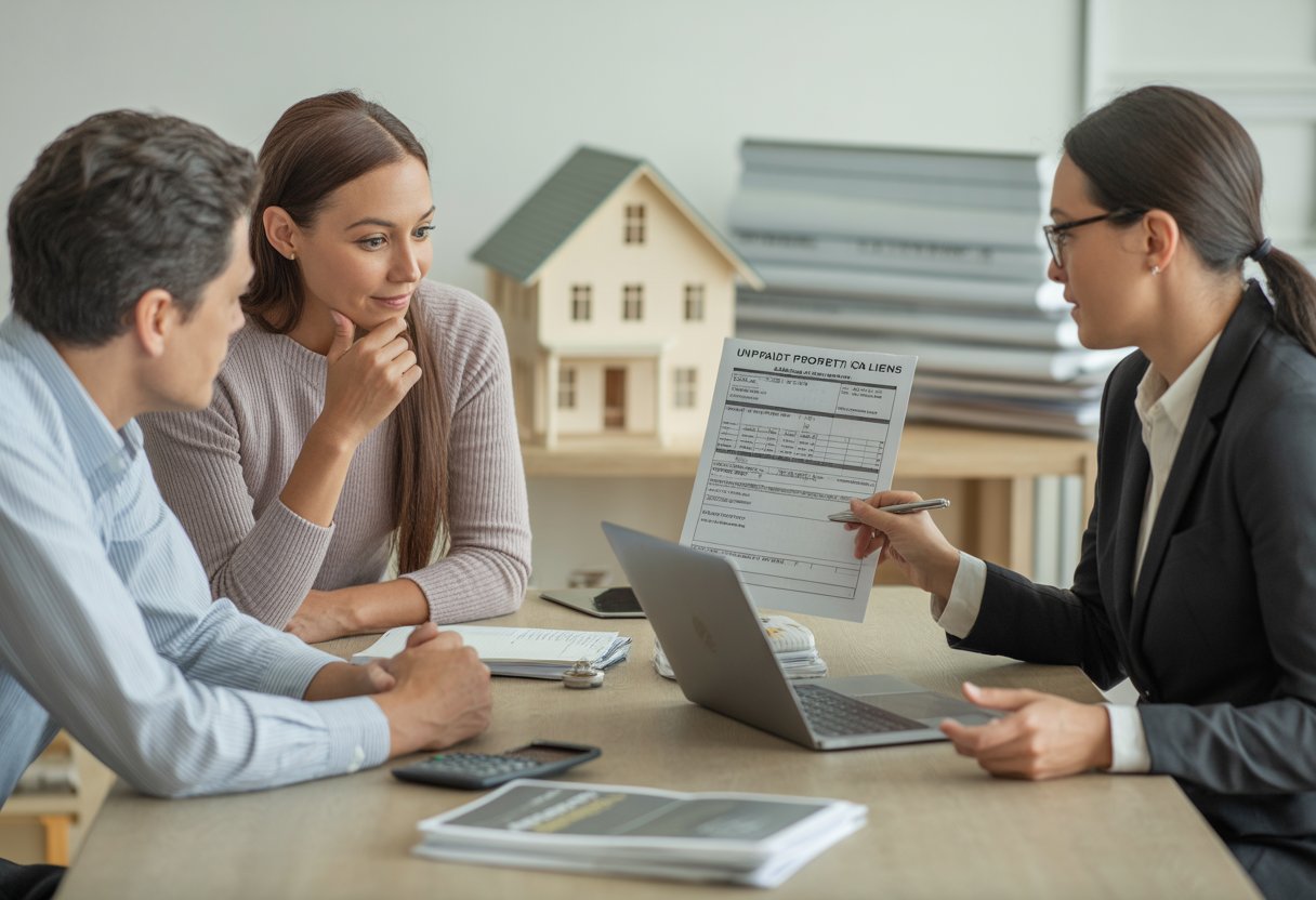 A homeowner and real estate agent discussing documents at a table with a model house and bills in a bright office.
