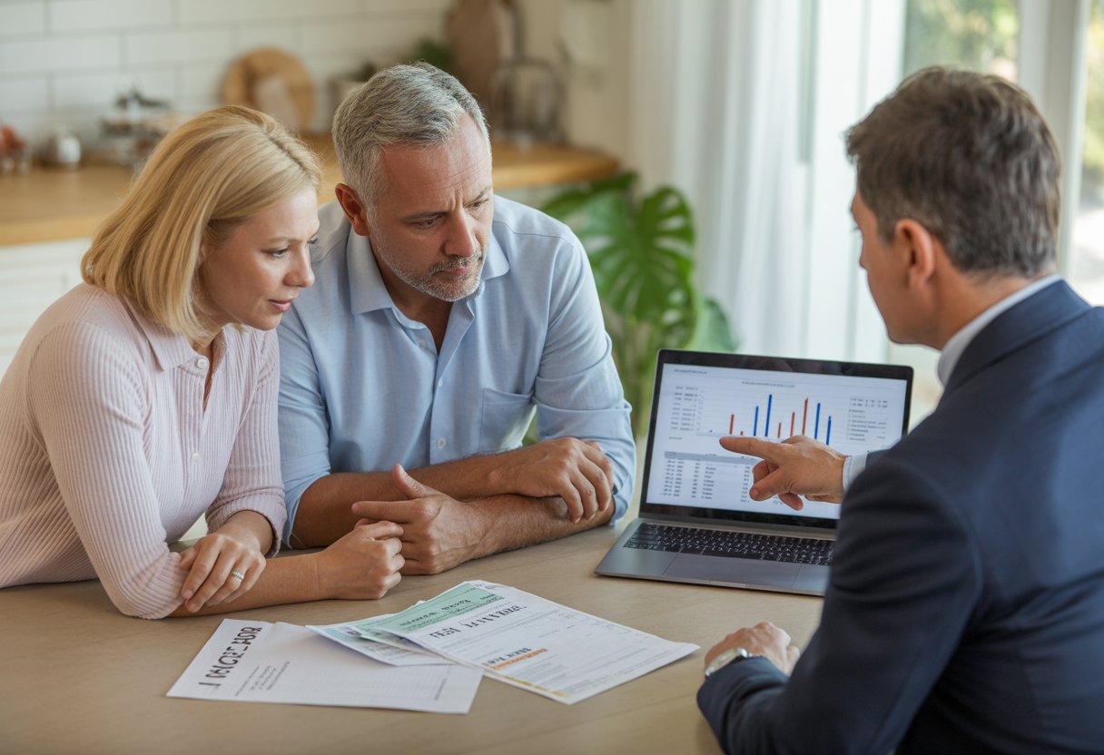 A couple discussing financial documents with a real estate agent at a kitchen table, reviewing property tax bills and paperwork.