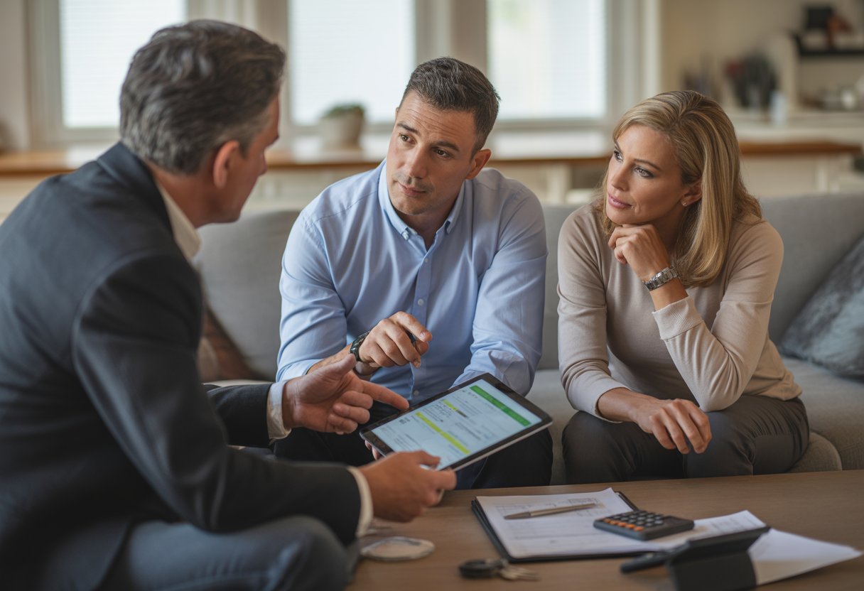 A real estate agent talks to a couple in a living room, showing documents on a tablet with paperwork and house keys on the table.