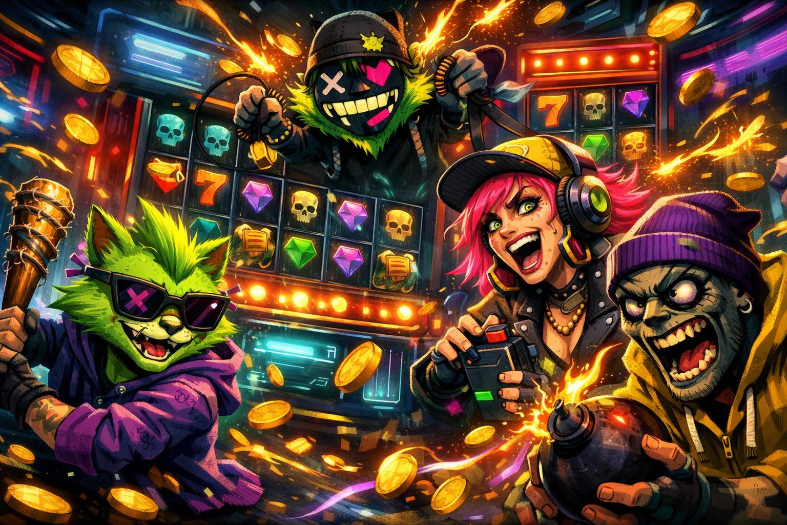 A Lively Scene Showing A Group Of Animated Characters Playing A Slot Machine In A Bright Casino Filled With Colorful Lights And Spinning Reels.