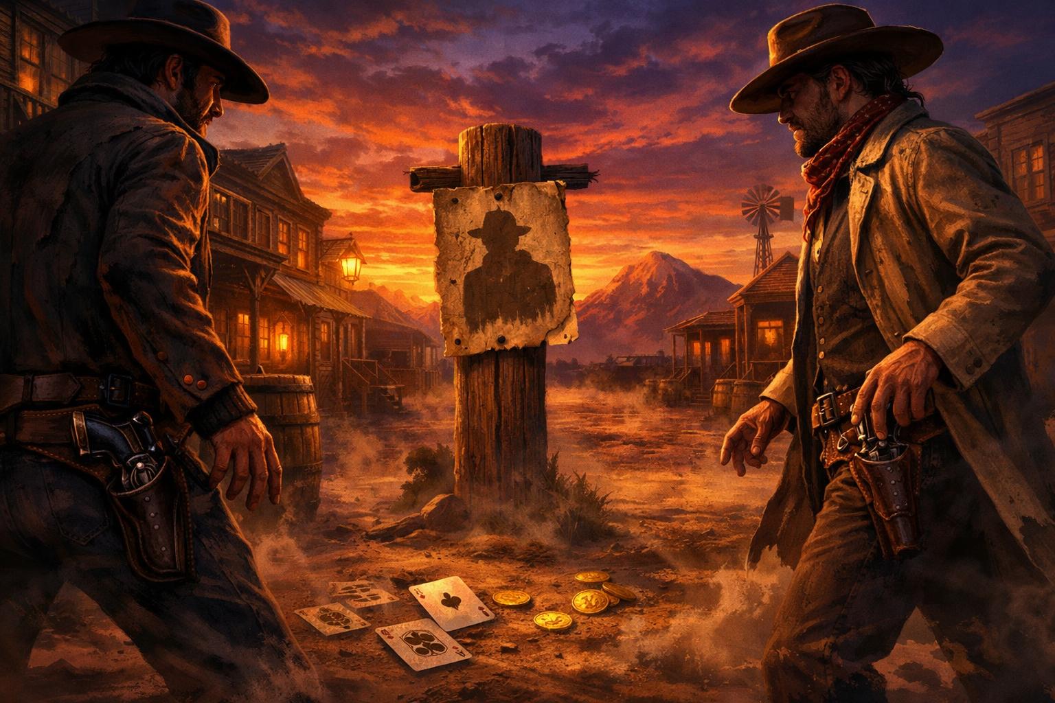 A Tense Duel Between Two Cowboys On A Dusty Wild West Town Street At Sunset, With Saloons And Wanted Posters In The Background.