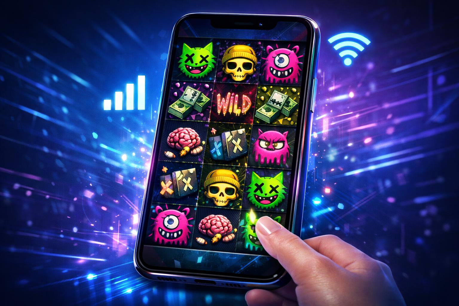 A Mobile Phone Showing A Colorful Slot Game Screen With Animated Characters And Symbols, Surrounded By Abstract Tech Patterns Indicating Mobile Compatibility.