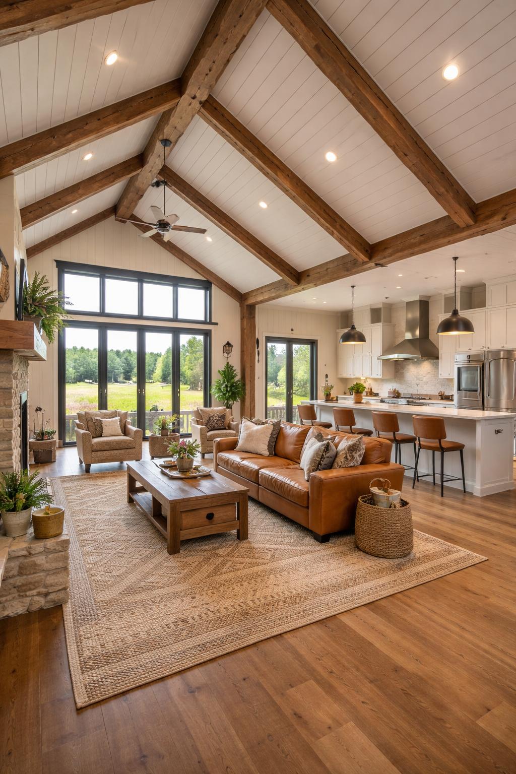 Interior of a spacious Texas barndominium with wooden beams, a cozy seating area, large windows, and a modern kitchen.