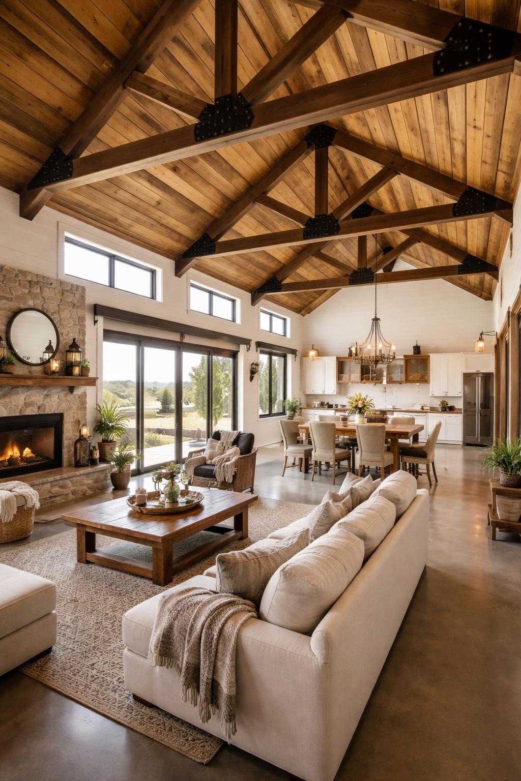 Interior of a spacious living area inside a Texas barndominium with wooden beams, modern furniture, large windows, and views of the countryside.
