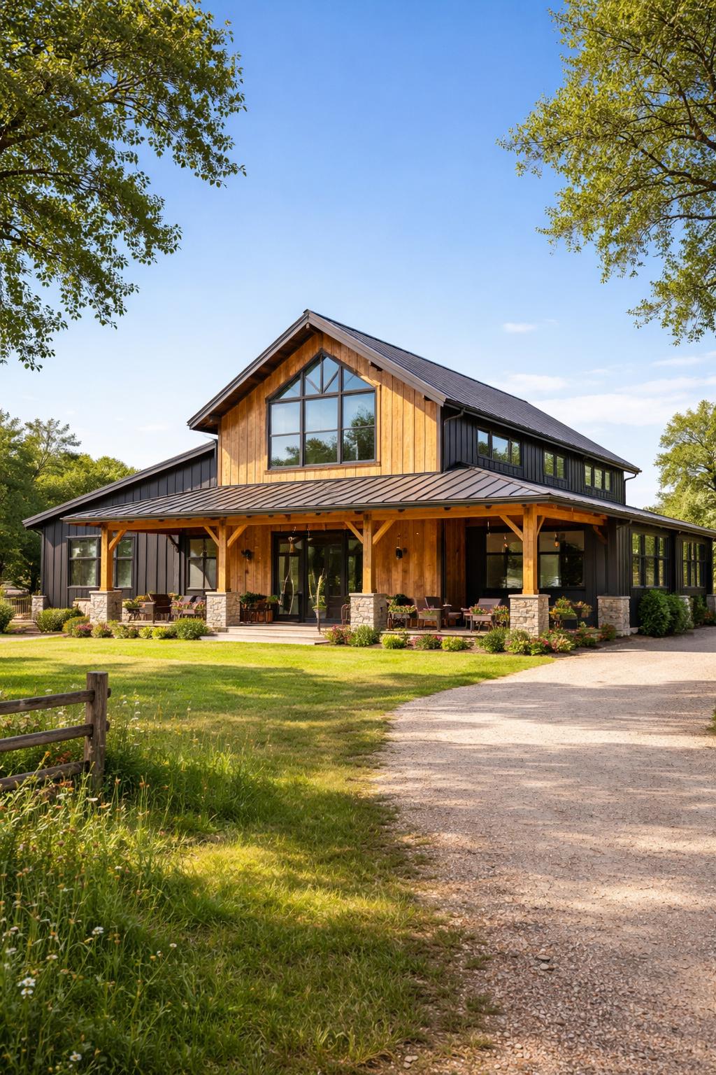 Exterior view of a large barn-style home with wood and metal siding, a front porch, surrounded by green grass and trees under a clear sky.