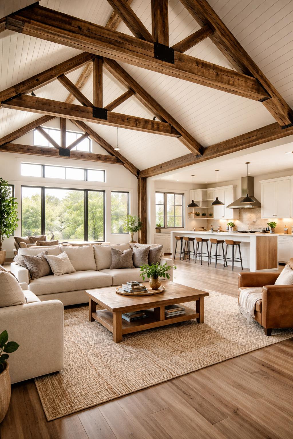 Spacious interior of a Texas barndominium with large windows, wooden beams, modern furniture, and a kitchen area.