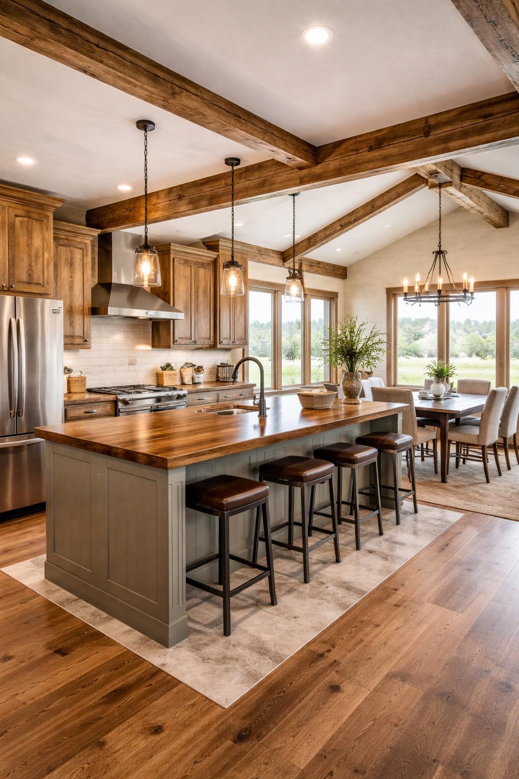 A bright kitchen and dining area with a wooden island, dining table, and large windows letting in natural light.