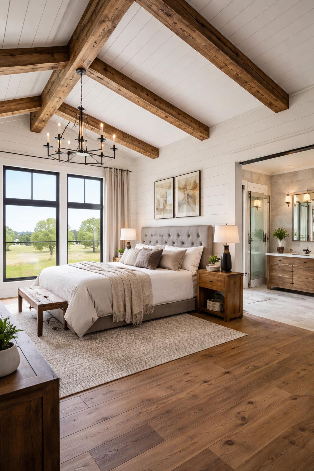 A spacious bedroom with a king-sized bed next to a modern bathroom featuring a walk-in shower and double vanity.