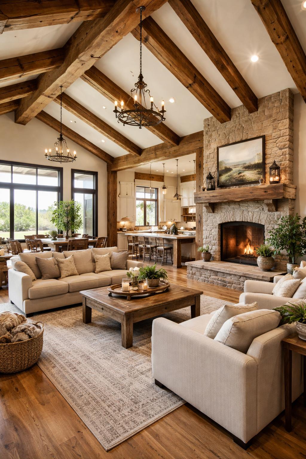 Interior of a spacious Texas barndominium living area with wooden beams, stone fireplace, large windows, and rustic country decor.