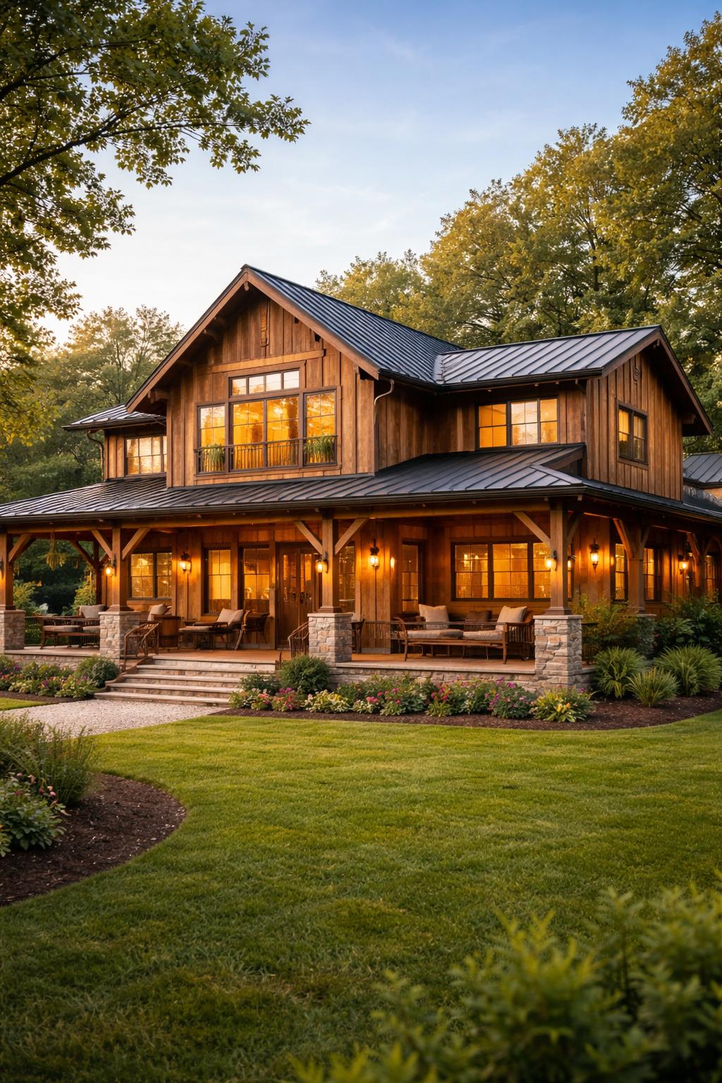A large barn-style home surrounded by trees and greenery with a front porch and large windows under a clear sky.