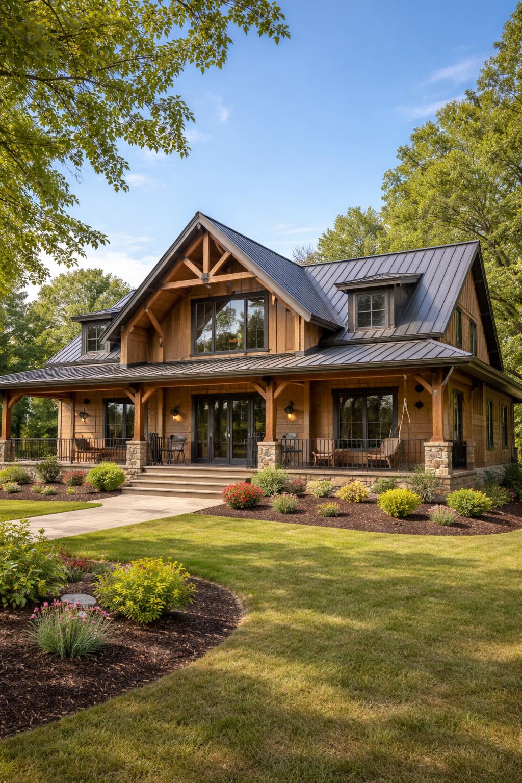 A large wooden and metal house with a front porch surrounded by trees and greenery under a clear blue sky.