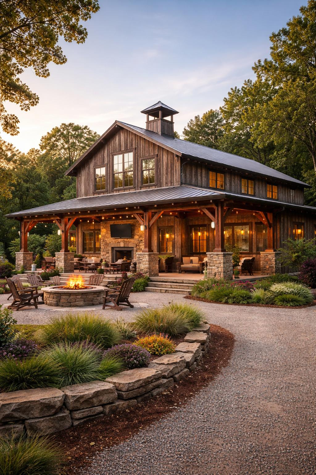 A Tennessee barndominium with a porch, surrounded by trees and outdoor seating under a clear sky.