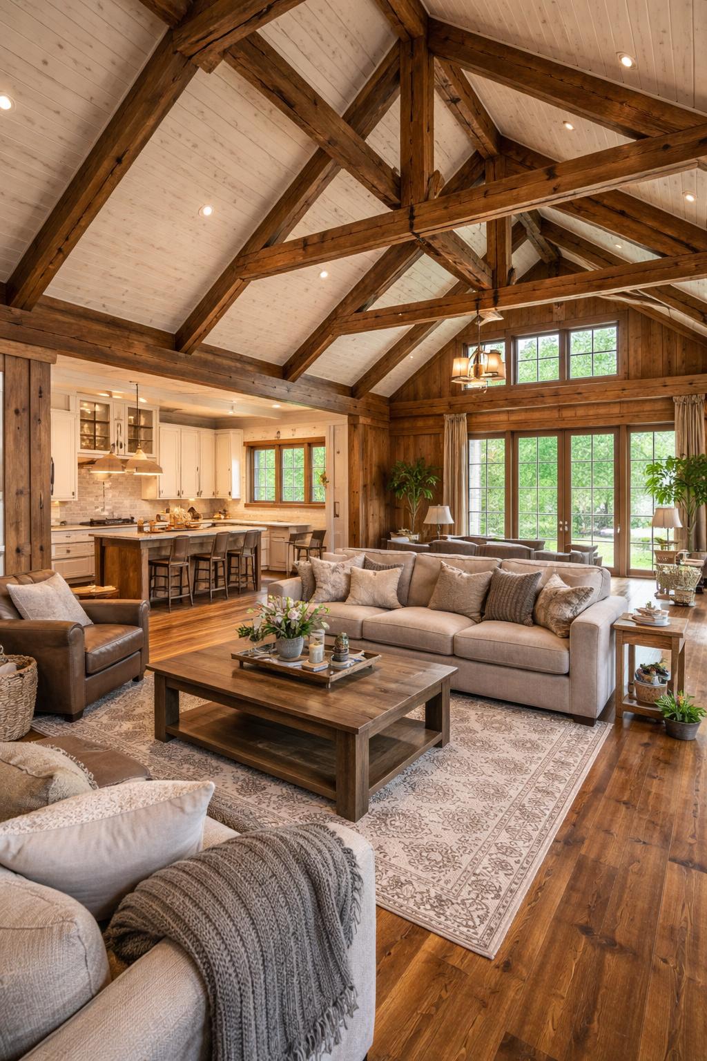 Spacious living room with wooden beams, cozy sofa, coffee table, and large windows letting in natural light.
