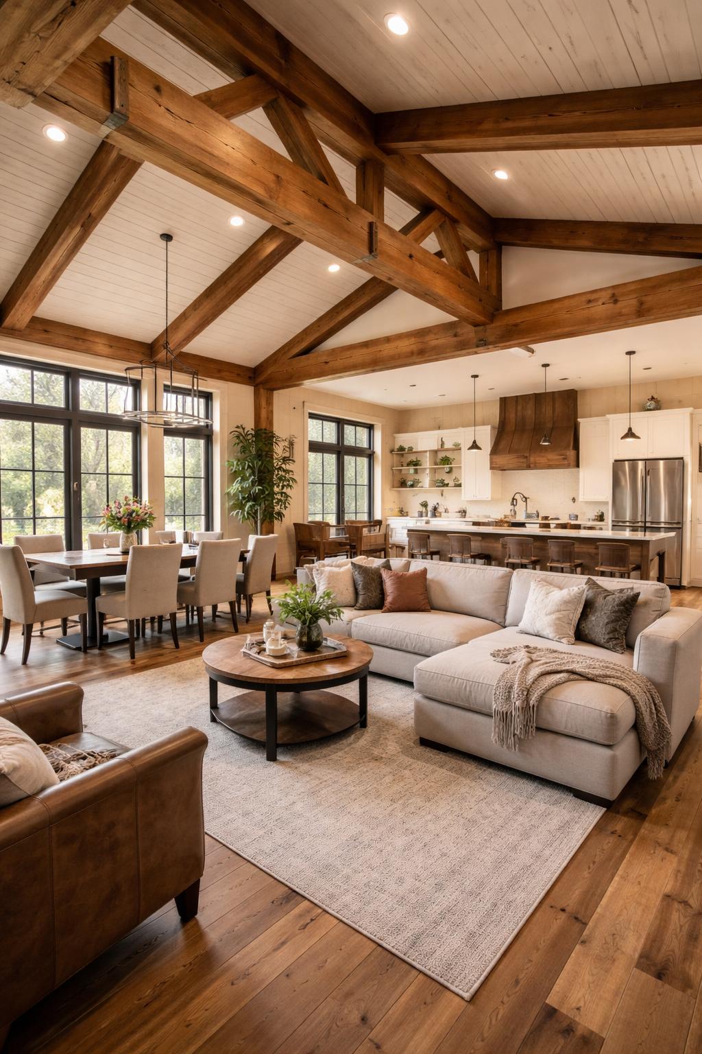 Interior of a spacious barndominium featuring wooden beams, cozy furniture, large windows, and a modern kitchen.