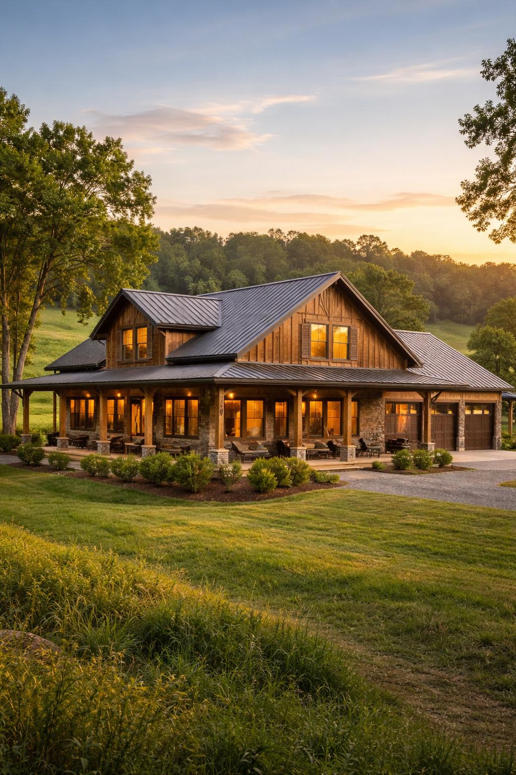 A newly built house in a green rural area with wood and stone exterior, large windows, and a porch surrounded by trees and hills under a clear sky.
