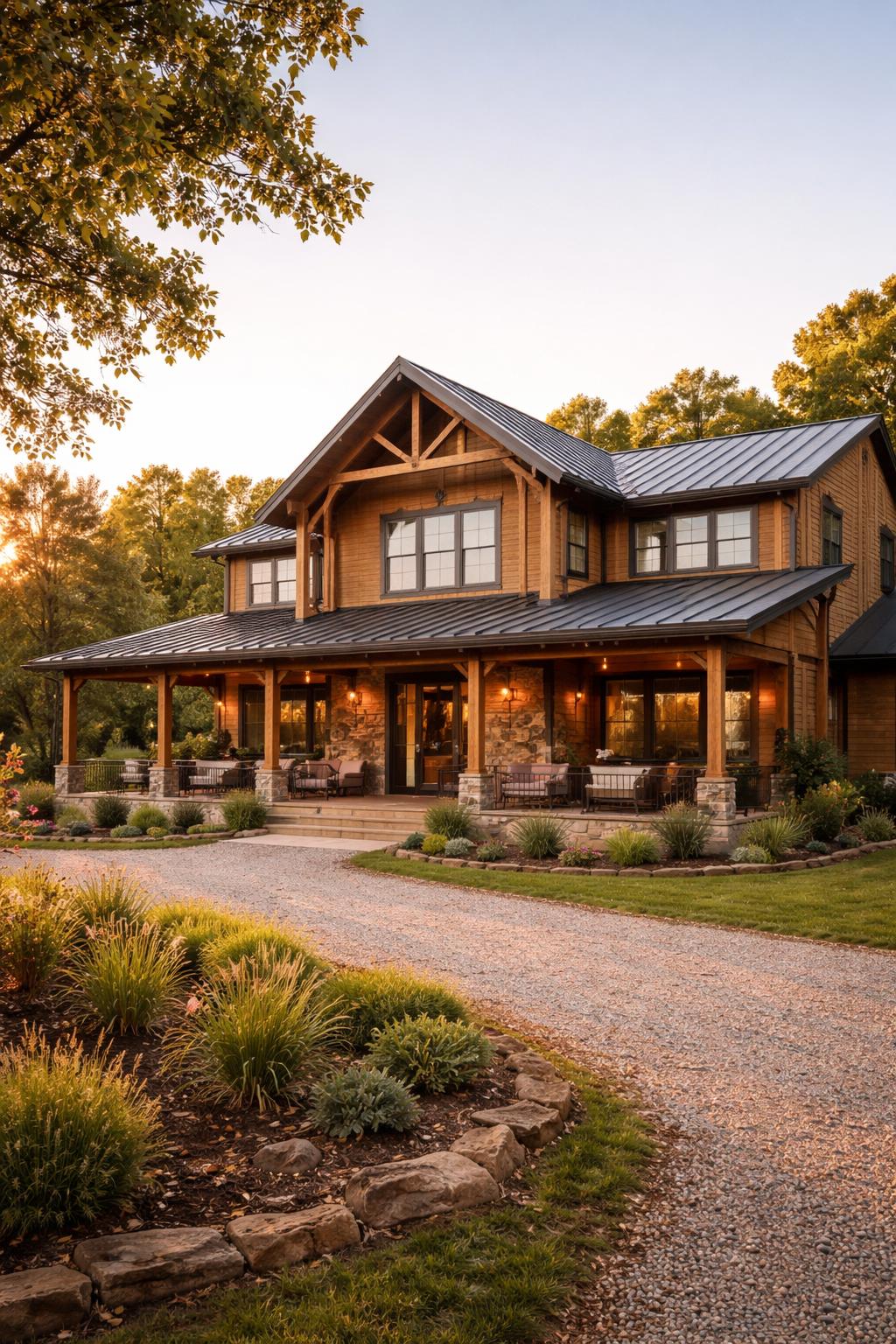 A beautiful barndominium surrounded by greenery with a covered porch and large windows under a clear sky.