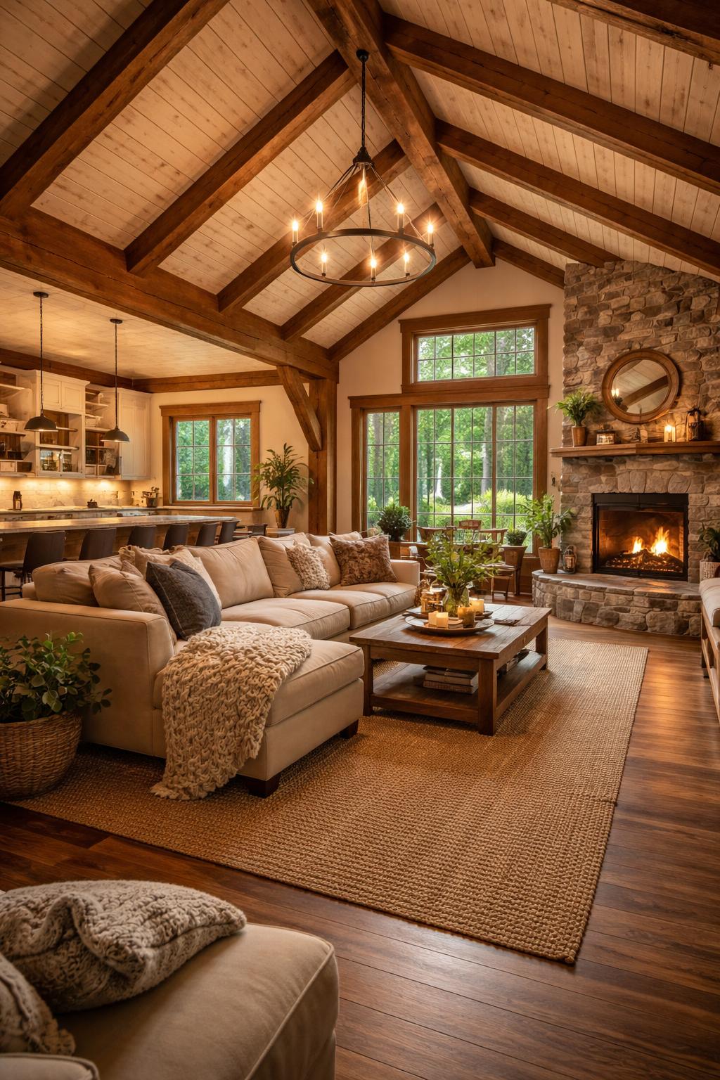 A cozy living room with wooden beams, a stone fireplace, comfortable seating, and large windows showing greenery outside.