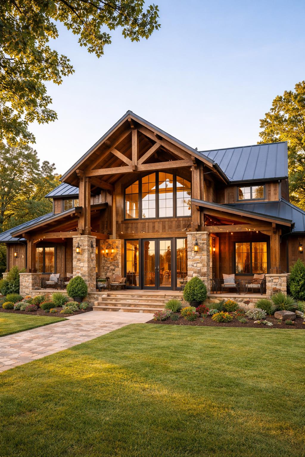 Exterior view of a rustic modern barndominium with wooden and stone materials, a front porch, and surrounding greenery under a clear sky.