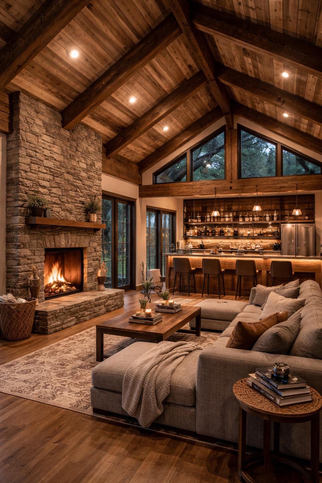 A spacious and cozy interior featuring wooden beams, a stone fireplace, comfortable seating, and a bar area with wooden countertops and stools.