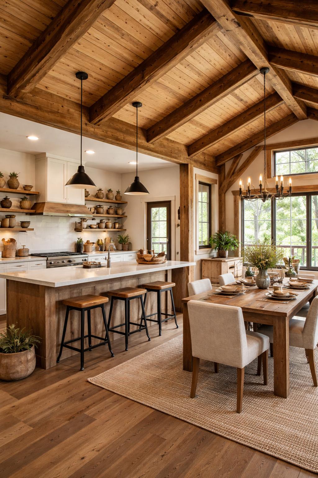 A warm and inviting kitchen and dining area with wooden beams, a large island, dining table, and natural light.