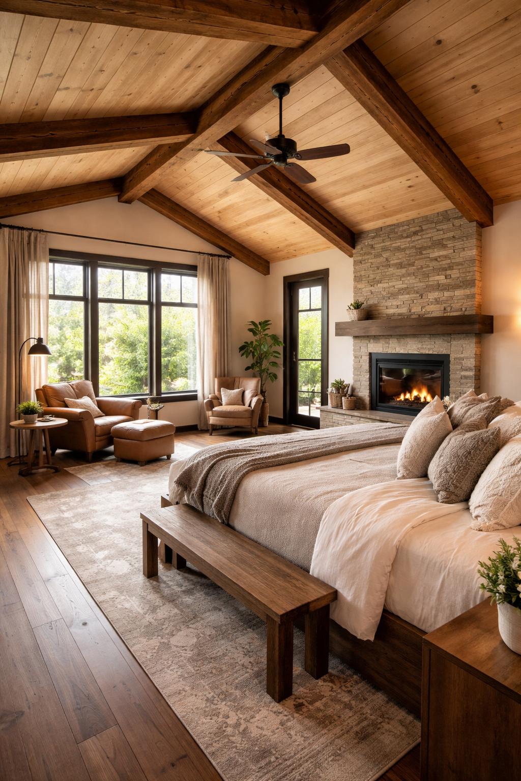 A spacious bedroom with a king-sized bed, wooden beams, a sitting area with a leather chair, and a fireplace, all bathed in warm natural light.