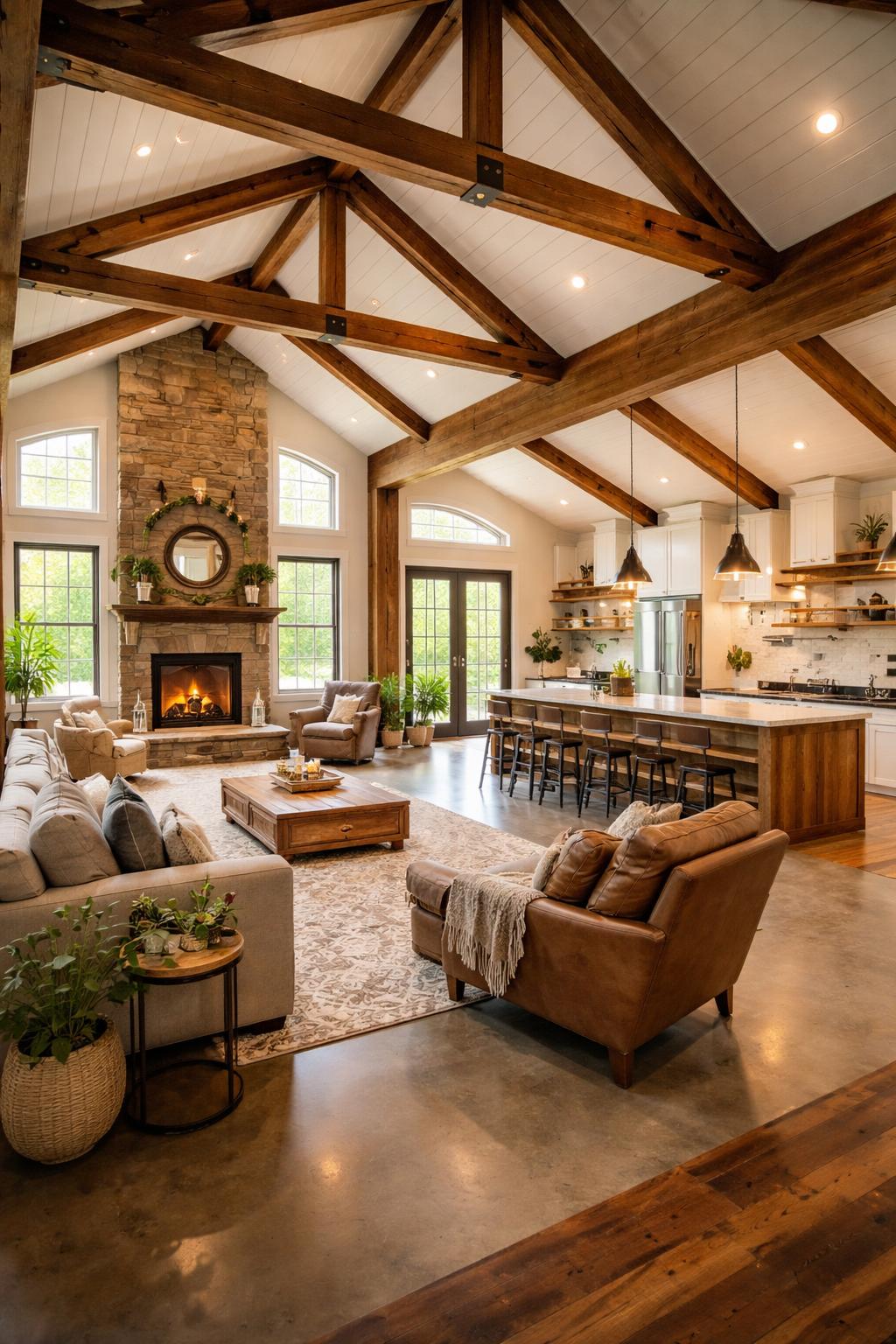 Interior of a spacious barndominium with wooden beams, large windows, cozy seating, and a stone fireplace.