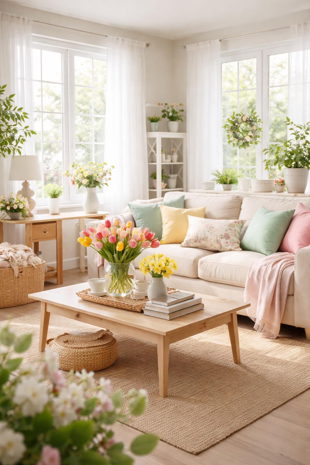 A bright living room with pastel cushions, fresh flowers, green plants, and light wooden furniture.