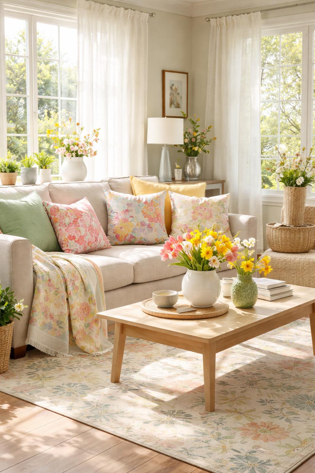 A sunlit living room decorated with colorful cushions, fresh spring flowers, patterned rugs, and textured fabrics, creating a bright and inviting atmosphere.