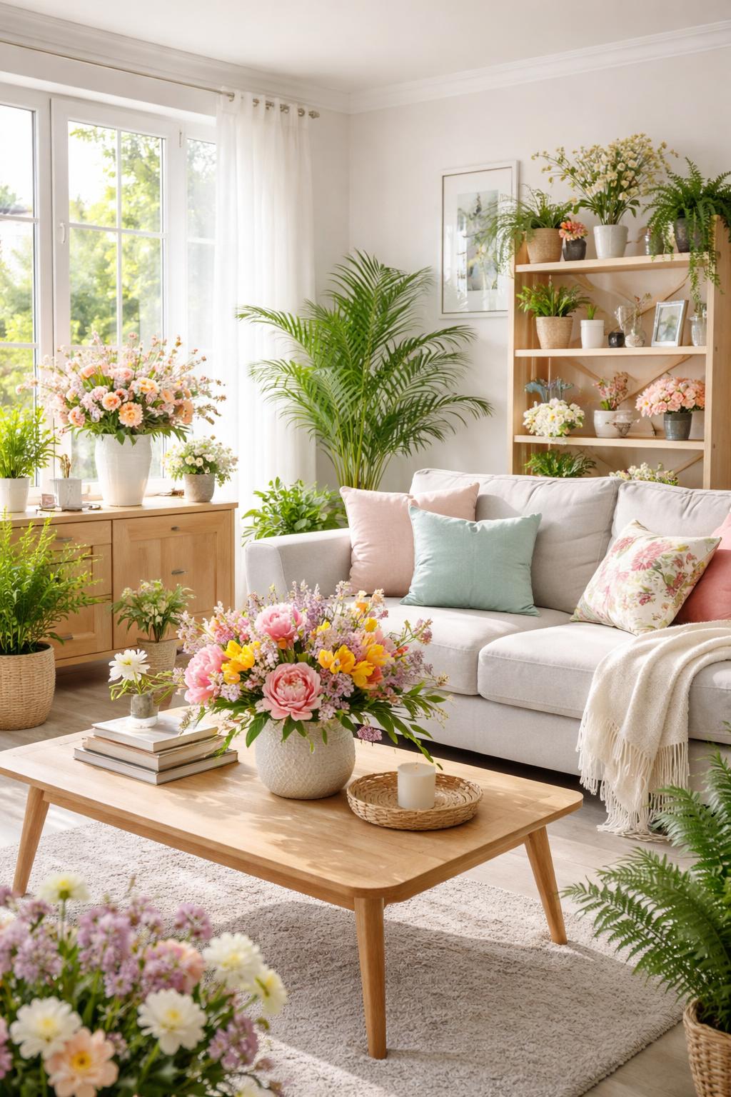 A sunlit living room decorated with fresh flowers and green plants placed throughout the space.