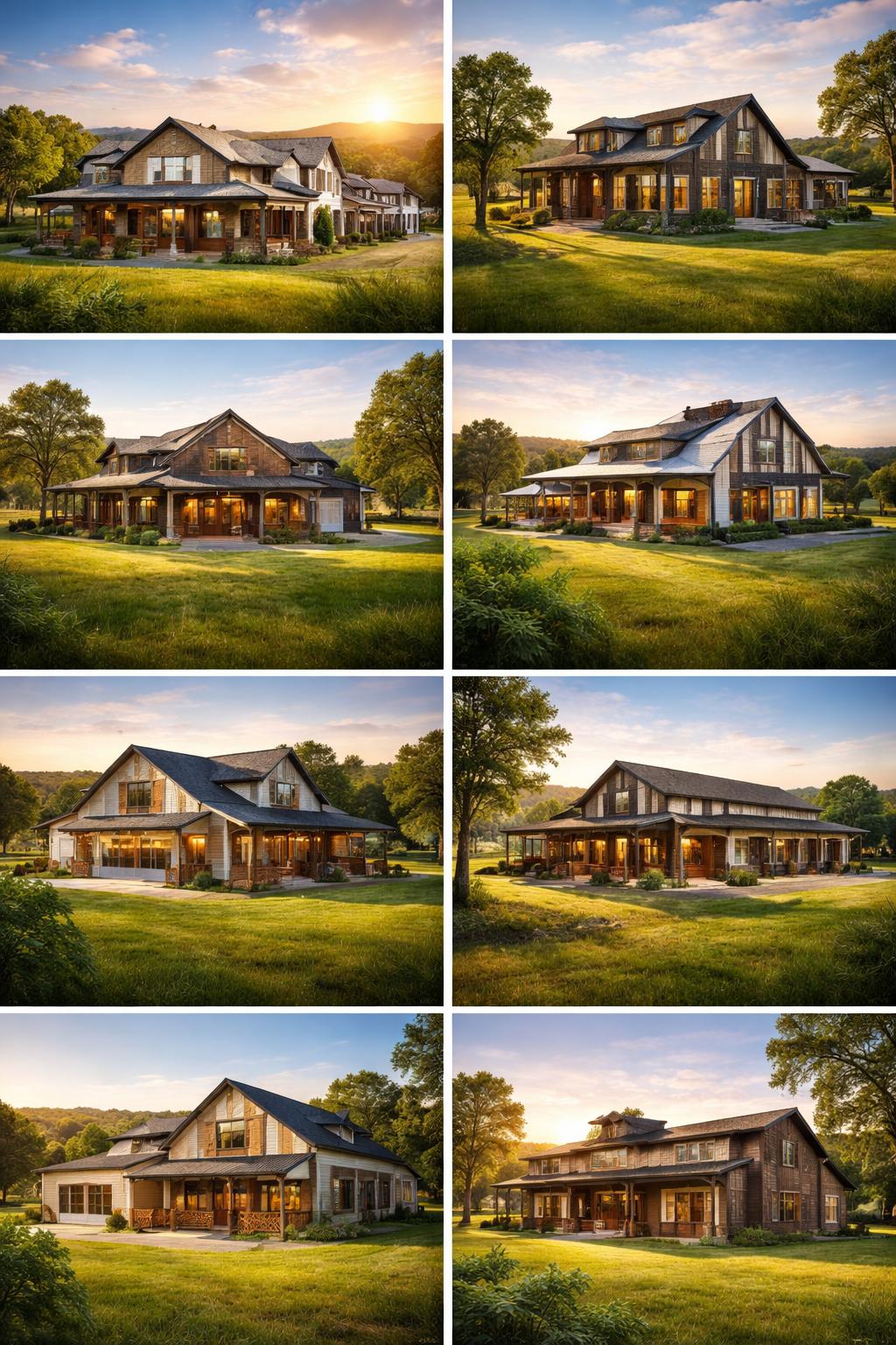 Seven barndominiums in rural settings with green fields and hills under a clear blue sky.