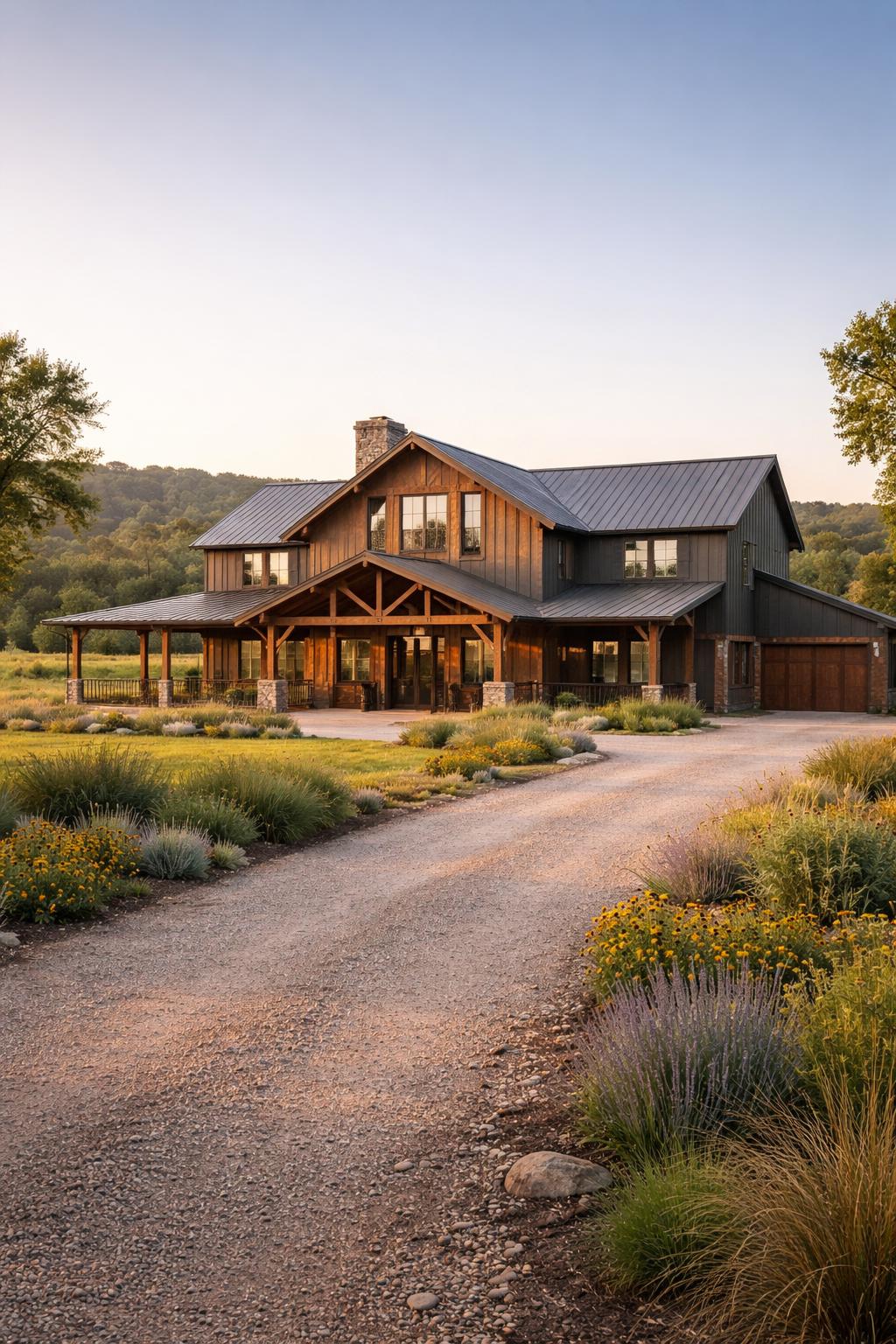 A large barn-style home surrounded by green hills and plants under a clear sky.