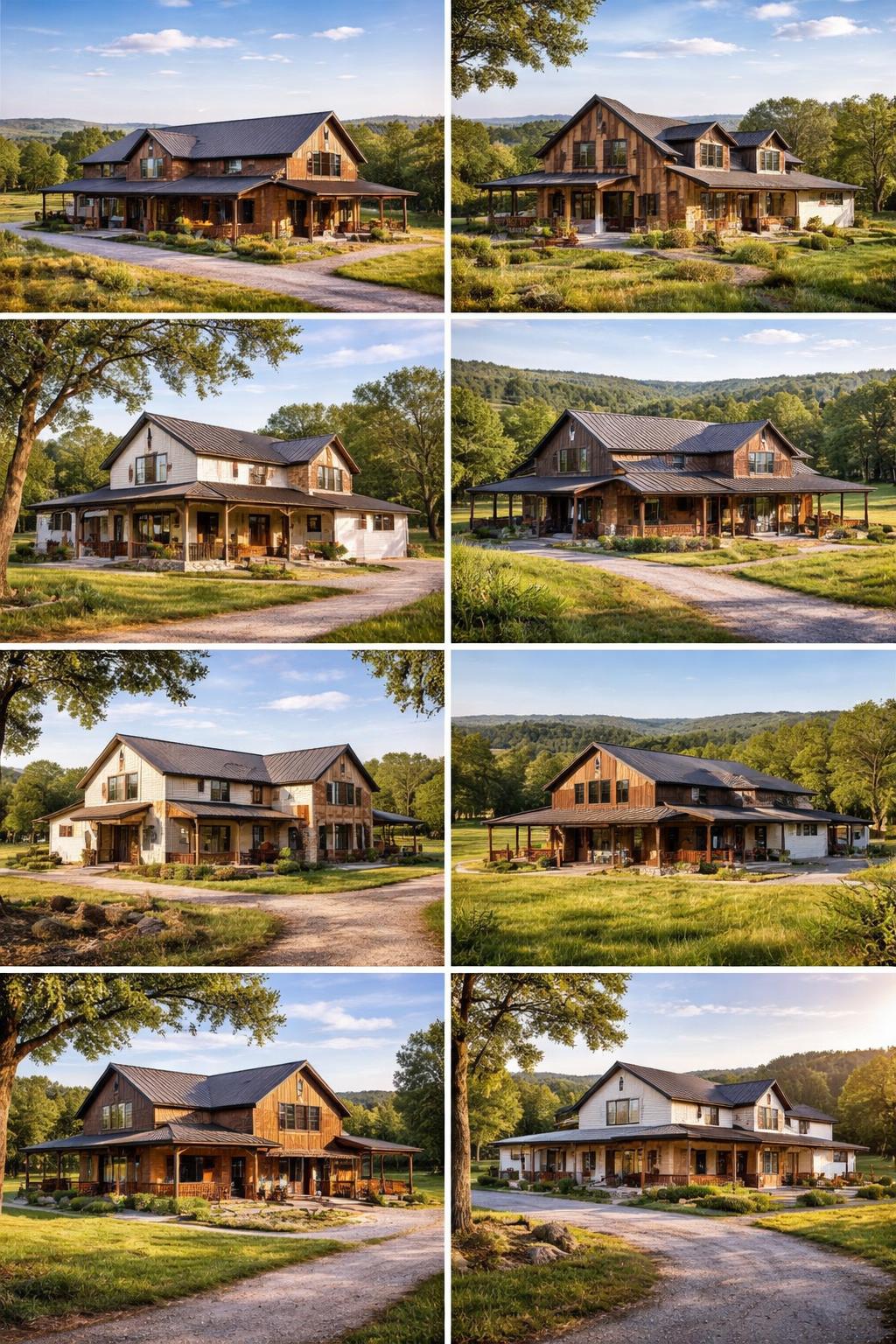 Seven barndominiums in a rural setting with green hills, trees, and clear skies.