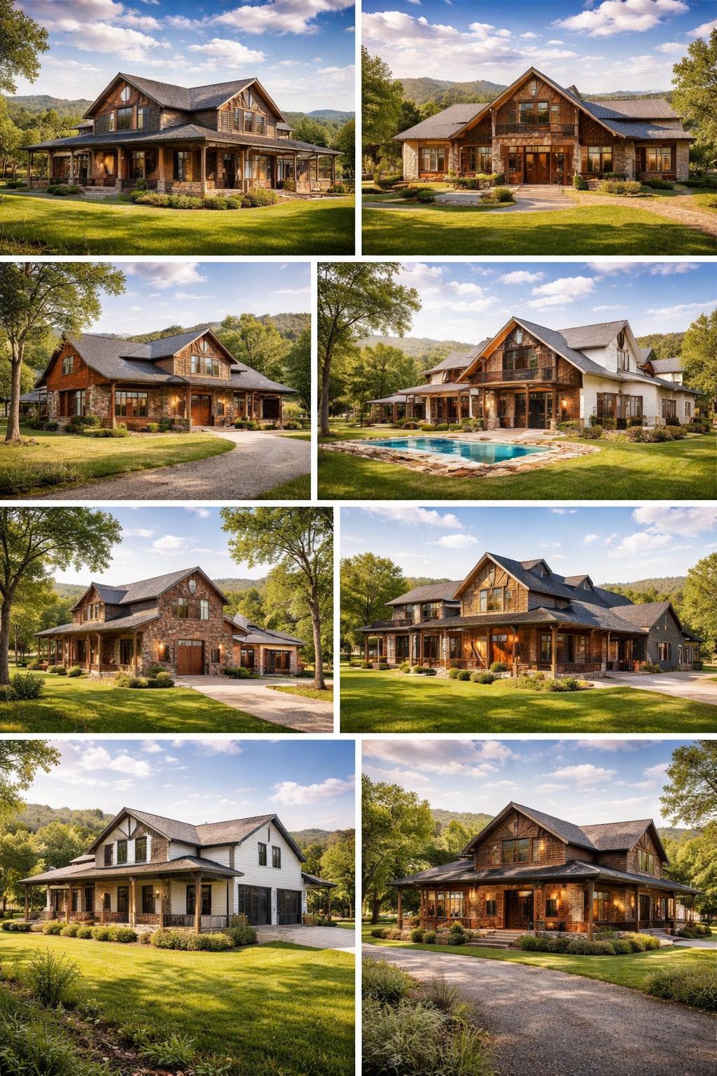 Seven barndominium homes set in green fields and rolling hills under a blue sky.