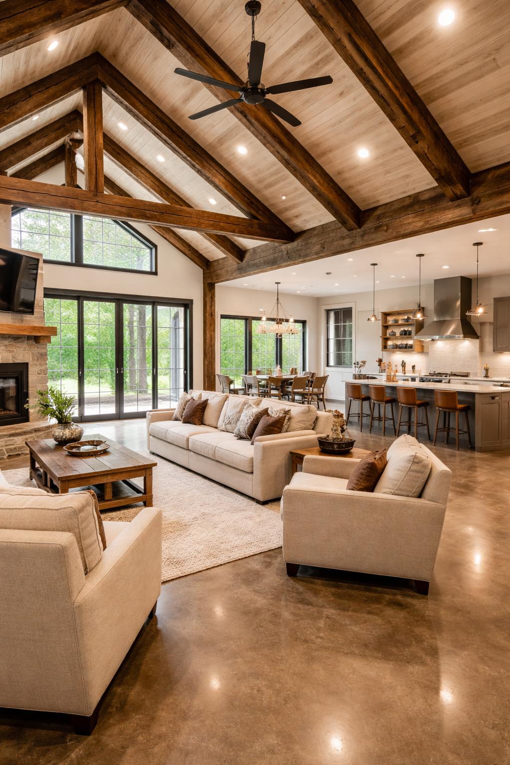 Interior of a spacious barndominium with an open floor plan featuring a living room, dining area, and kitchen with large windows and wooden beams.