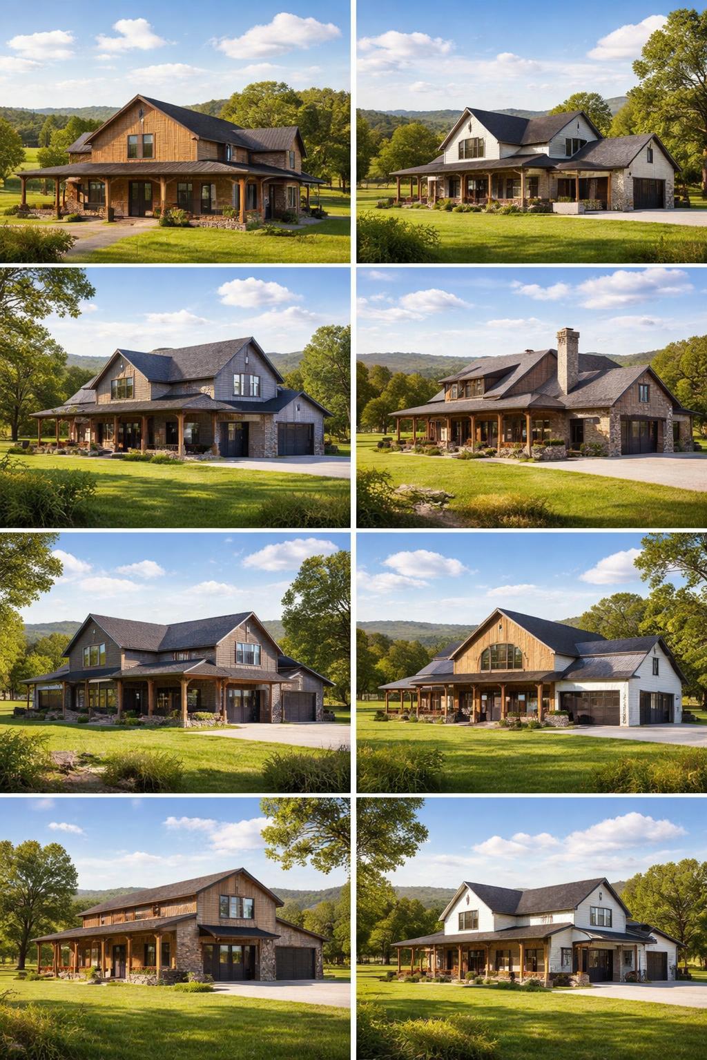 Seven barn-style homes with different colors and finishes set in green fields and rolling hills under a clear blue sky.