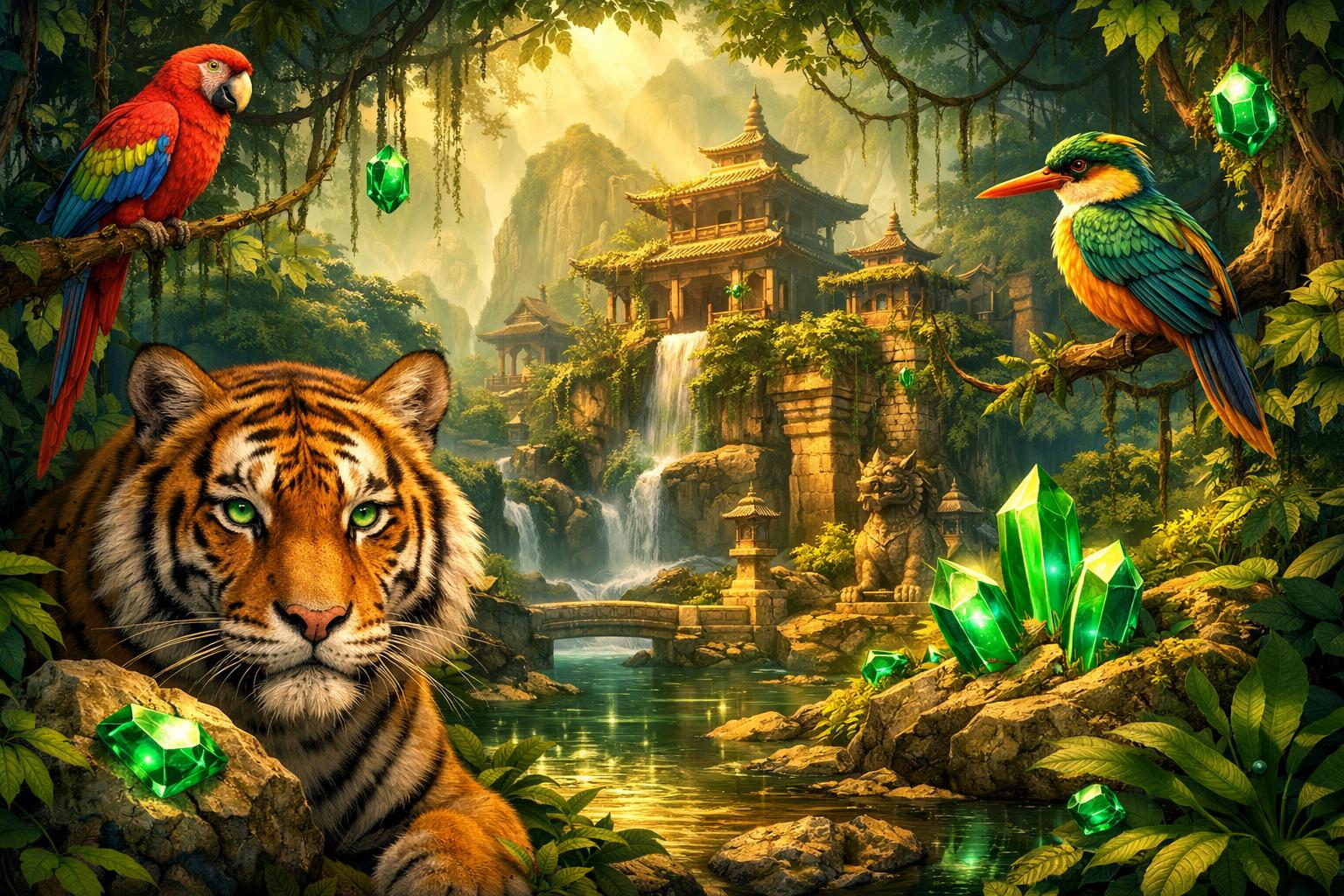 A Lush Jungle Scene With Emerald Gemstones, A Tiger With Green Eyes, Tropical Birds, And Ancient Temple Ruins Surrounded By Dense Foliage.