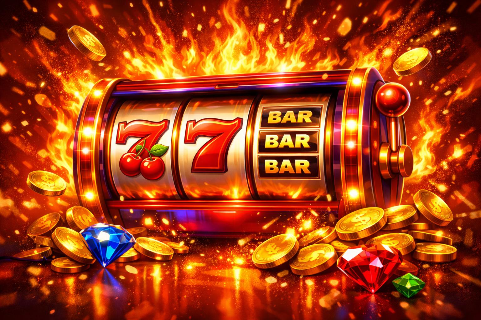 A Brightly Lit Slot Machine With Glowing Reels Showing Classic Symbols Surrounded By Flames, Sparks, Gold Coins, And Gems.