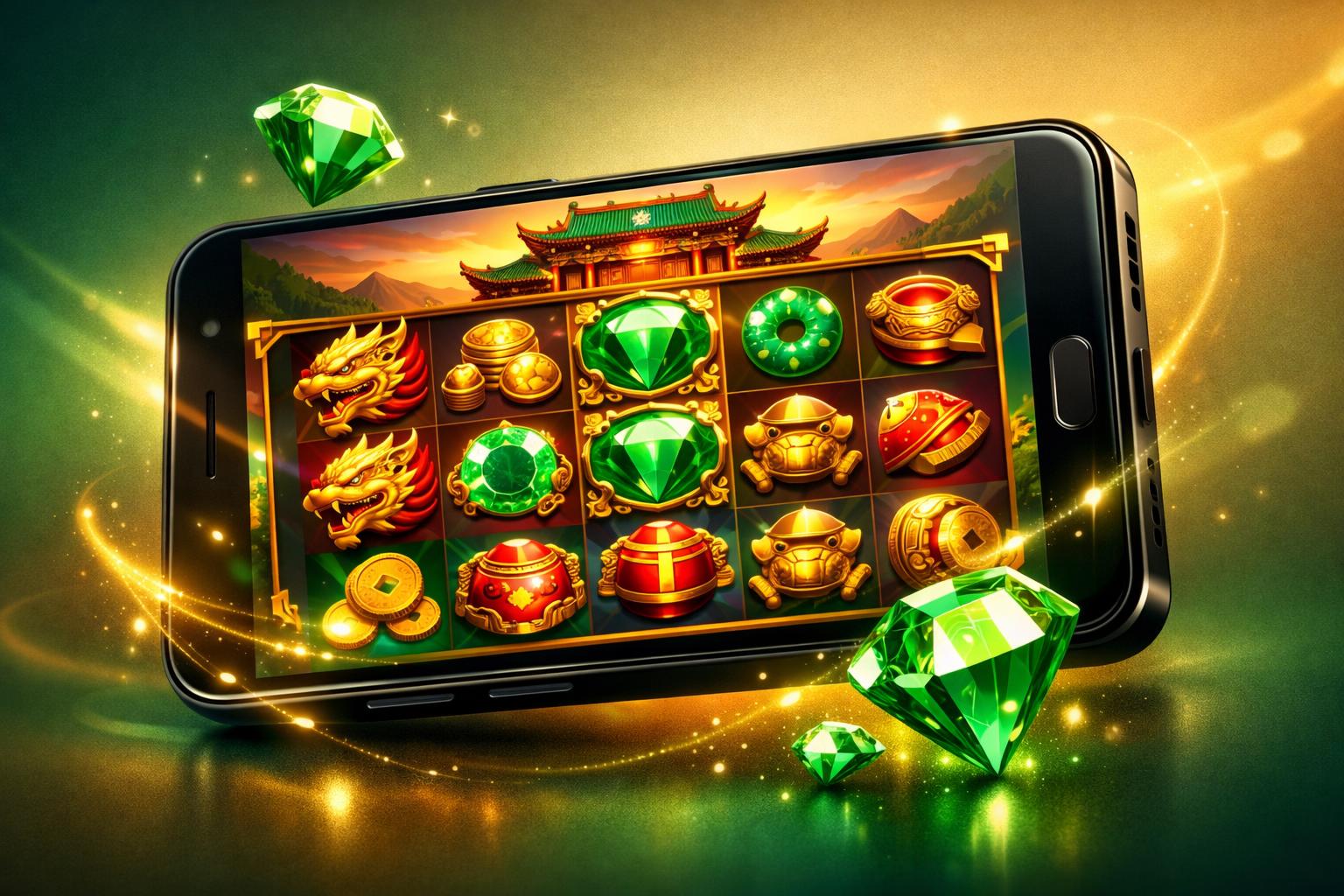 A Smartphone Displaying A Colorful Slot Game With Emerald Gems And AsianInspired Symbols, Surrounded By Glowing Effects.
