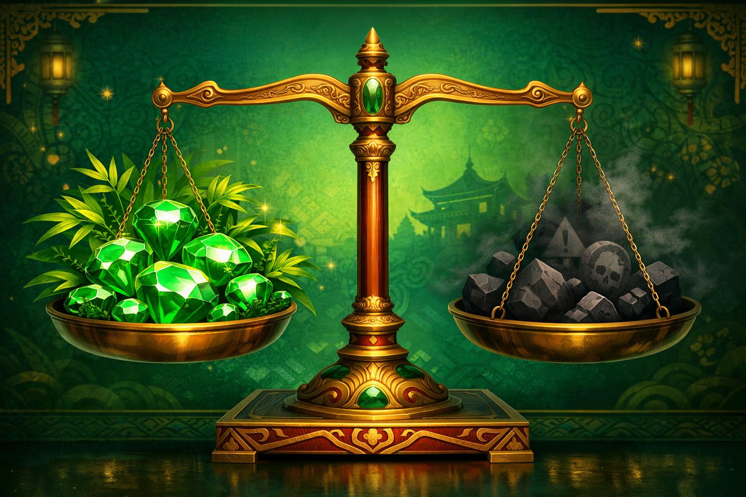 A Balanced Scale With Emerald Gemstones And Green Foliage On One Side And Shadowy Shapes On The Other, Set Against A Green Patterned Background.