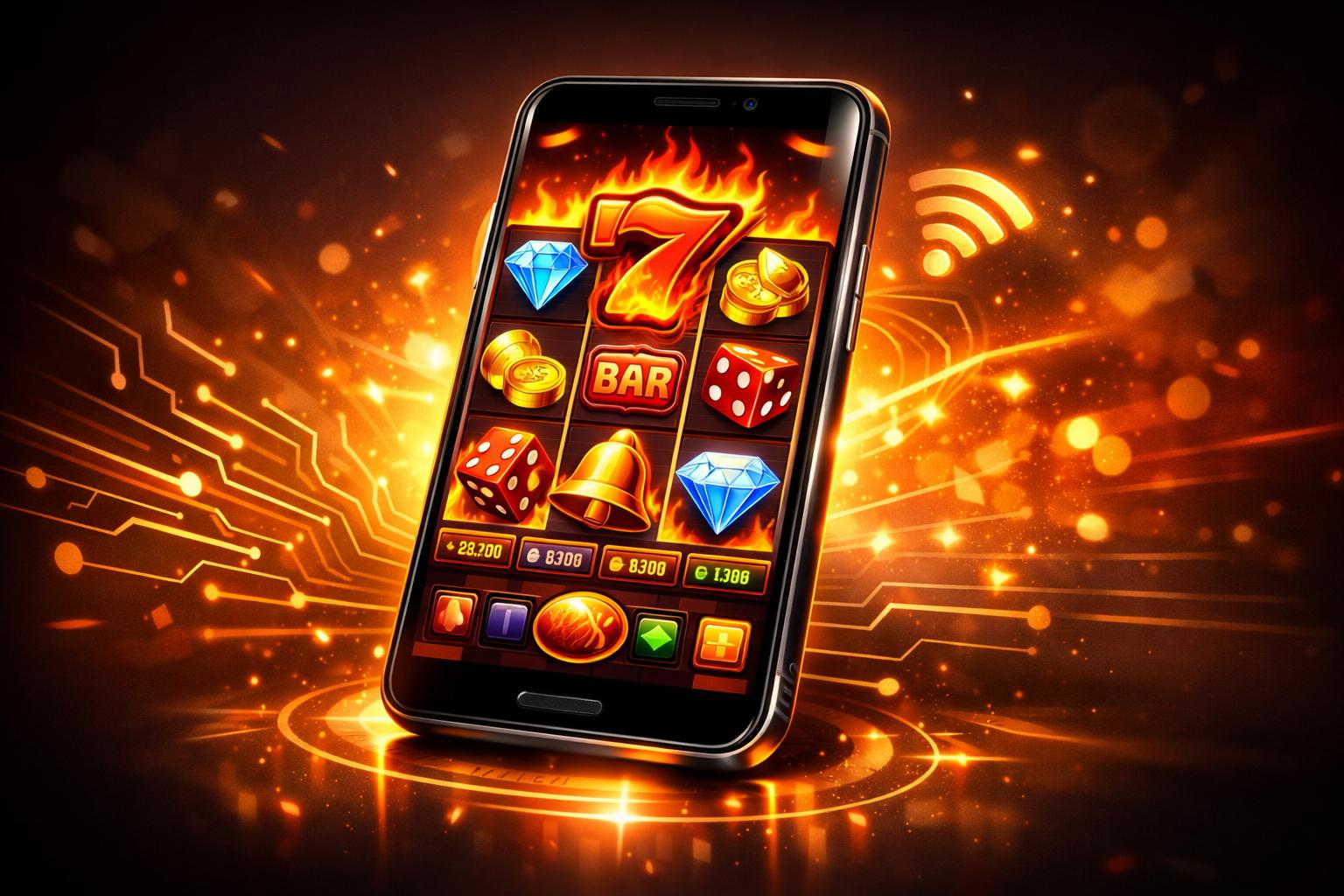 A Smartphone Showing A Colorful Slot Machine Game With Fiery And Gem Symbols, Surrounded By Digital Icons Representing Mobile Connectivity.