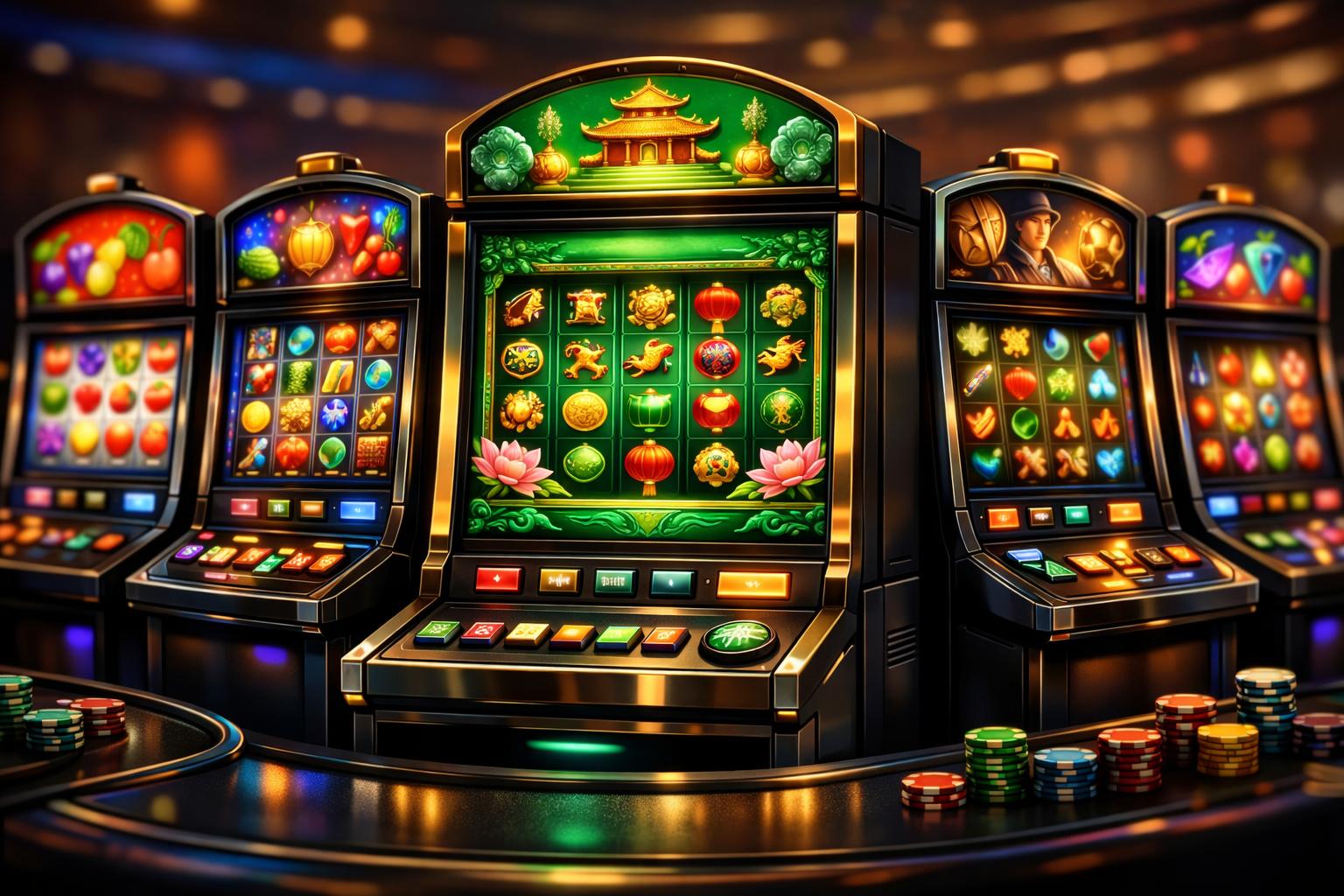 A Casino Table With Several Slot Machines, Including One With Emerald Green And AsianInspired Designs, Arranged Side By Side.