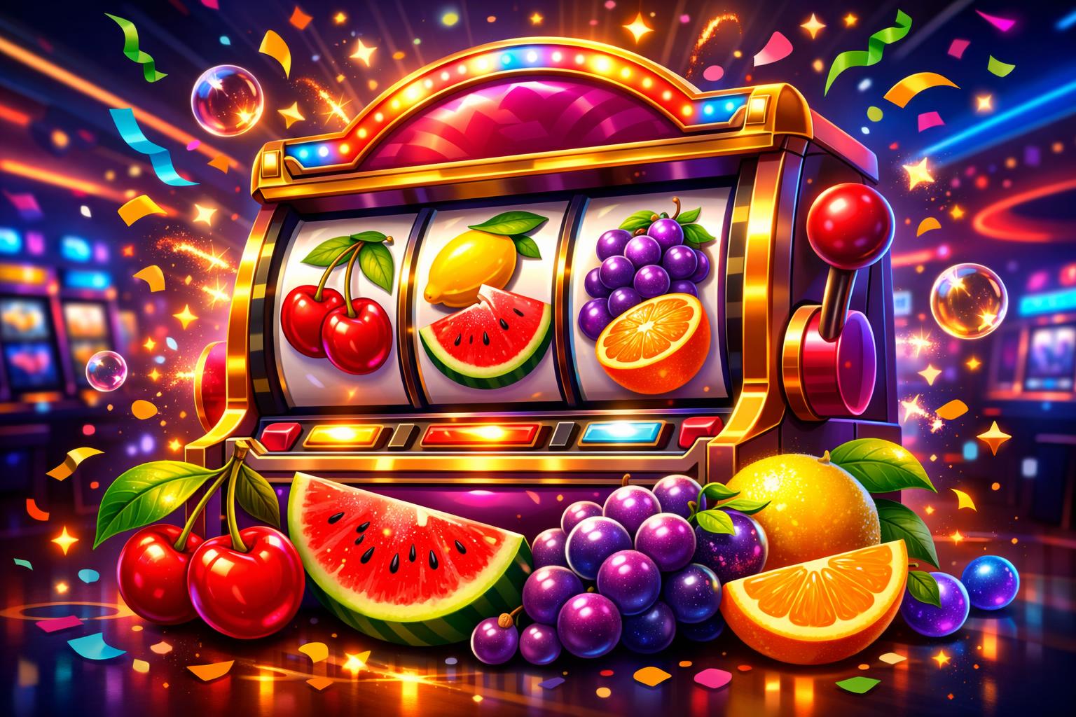A Colorful Slot Machine Decorated With Various Fruit Symbols Surrounded By Festive Confetti And Lights In A Casino Setting.