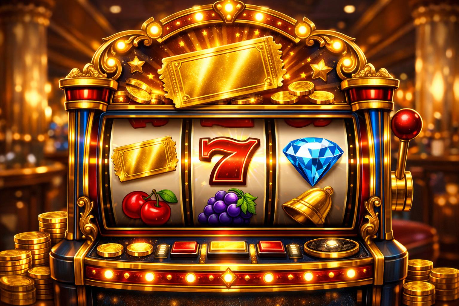 A GoldenThemed Slot Machine With Reels Showing Golden Tickets And Colorful Symbols In A Casino Setting.