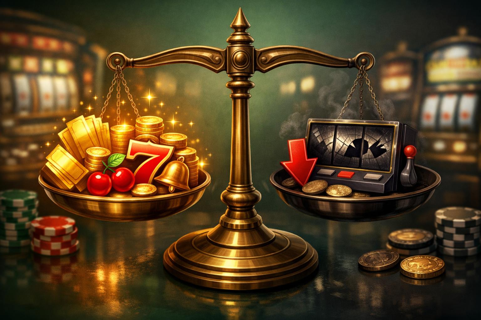 A Balanced Scale Showing Golden Tickets And Slot Machine Symbols On One Side And Cracked Slot Machine Elements On The Other, Set Against A Casino Background.